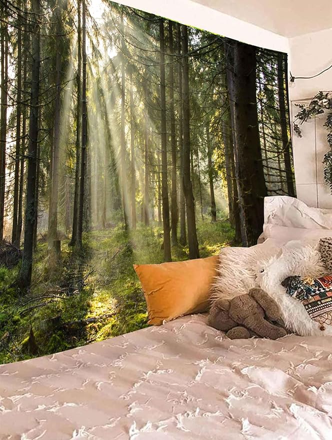 Onivein Forest Tapestry Nature Sunlight Streaming Through Green Trees Wall Hanging for Bedroom Living Room Office Decor 60 x 40 Inches