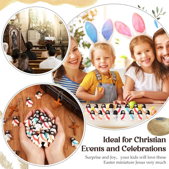 Bememo 100 Pcs Jesus Toys Original Design Mini Rubber Little Jesus Figurine to Hide and Seek Religious Party Favors Sunday School Craft Baptism Gifts for Easter Egg Stuffers (Bohemian Color)