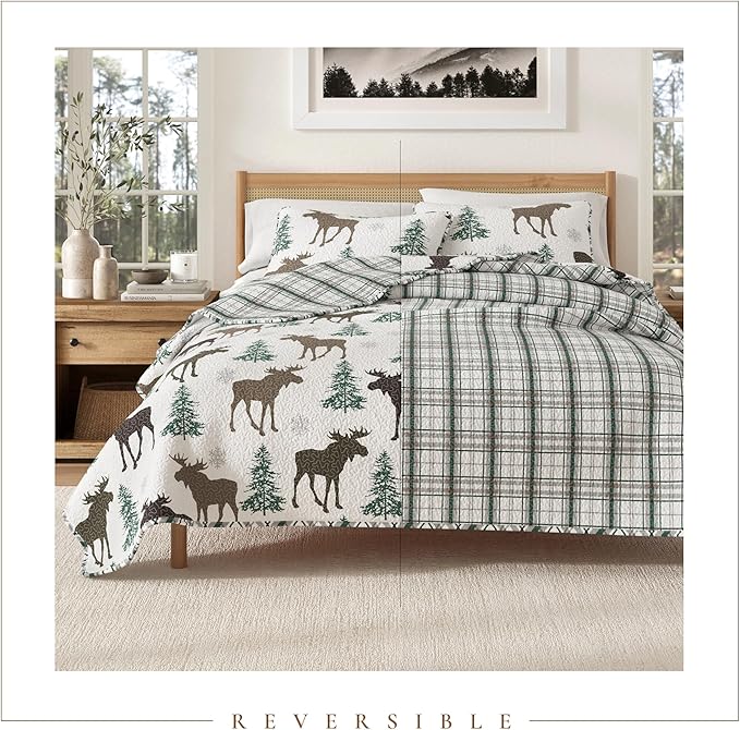 Great Bay Home Lodge Bedspread Full/Queen Size Quilt with 2 Shams. Cabin 3-Piece Reversible All Season Quilt Set. Rustic Quilt Coverlet Bed Set. Wilderness Collection (Moose - Chocolate)