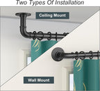 Industrial Curtain Rods for Windows 28 to 48 inch, Wrap Around Blackout Heavy Duty Curtain Rod, 1 Inch Black Outdoor Drapery Rods 2 Pack