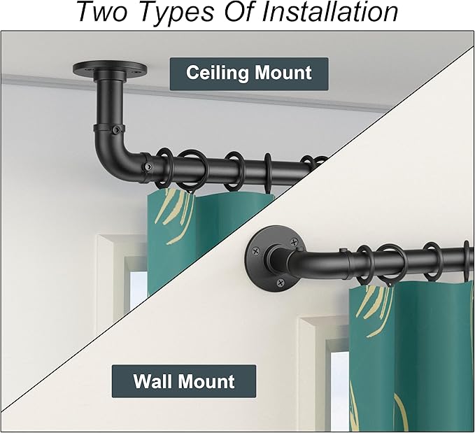 Industrial Curtain Rods for Windows 28 to 48 inch, Wrap Around Blackout Heavy Duty Curtain Rod, 1 Inch Black Outdoor Drapery Rods 2 Pack