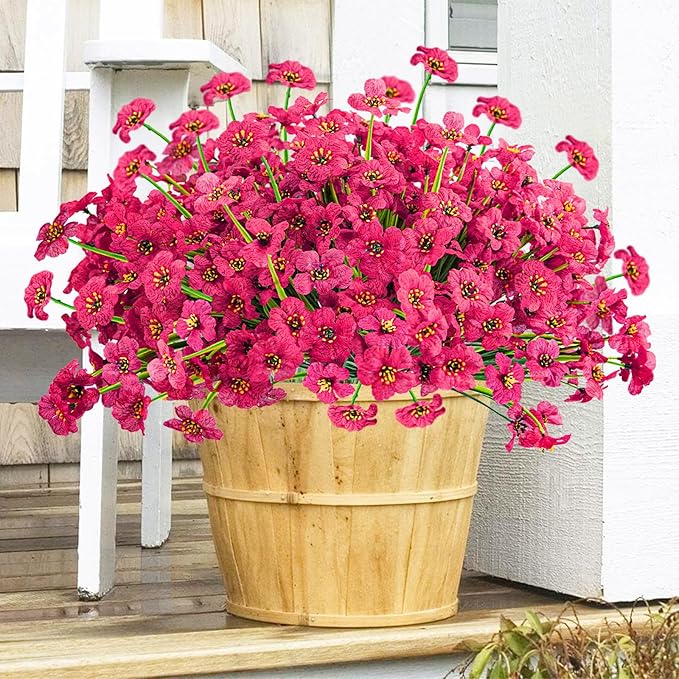 Krissing 48 Bundles Outdoor Artificial Flowers UV Resistant Fake Silk Flowers Faux Plastic Plants Outside Garden Porch Window Box Summer Decoration (Rose Red)