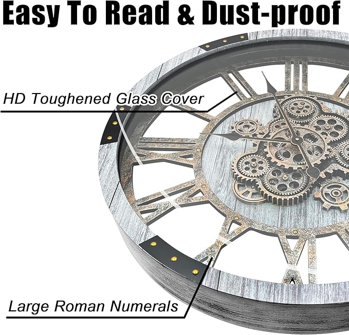 DORBOKER 27" Original Moving Gears Wall Clock, Large Industrial Wall Clock for Living Room Decor, Retro Metal Solid Wood Vintage Farmhouse Steampunk Rustic Clocks for Wall Decor,Silver Grey