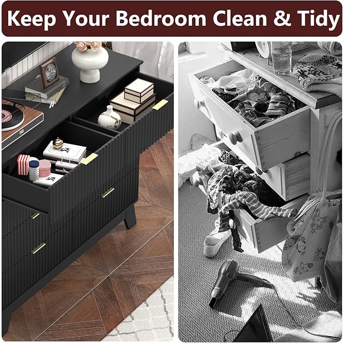 Fluted Dresser for Bedroom,8 Drawer Dresser for Closet,Storage Cabinet and Chest of Drawers with Gold Handle,TV Stand,Storage Organizer for Living Room,Hallway,Entryway,Black