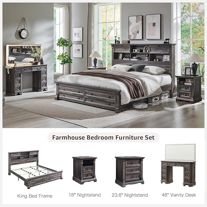 Farmhouse Nightstand with Charging Station, 18" End Table with 2 Drawers Storage and 1 Storage Shelf, Wooden Sofa Side Table w/Roman Column, Bedside Cabinet for Bedroom, Living Room, Dark Rustic Oak