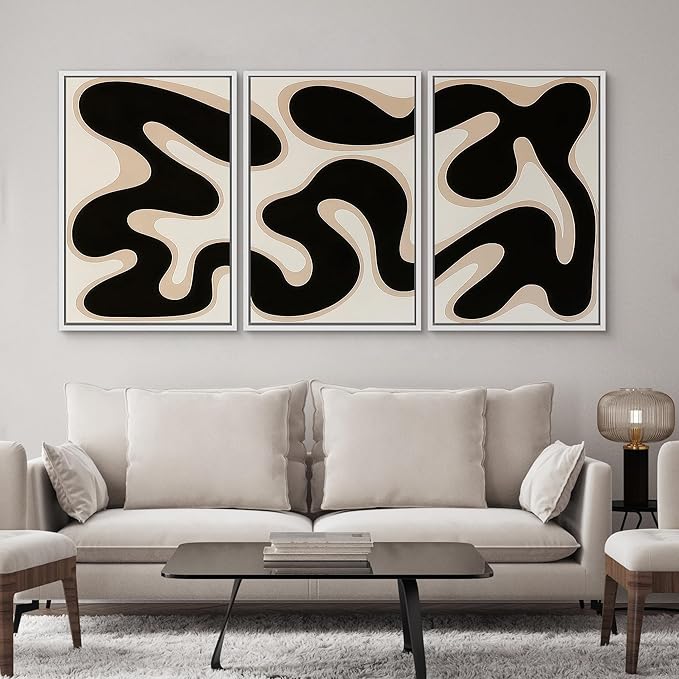 SIGNWIN Framed Canvas Print Wall Art Modern Abstract Organic Shapes Black and Beige Fluid Pattern Photography Modern Art Minimalist Black and White for Living Room, Bedroom, Office - 16"x24"x3 White