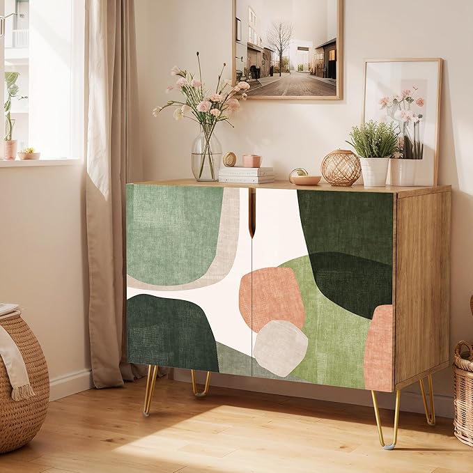 SIGNWIN Sideboard Buffet Cabinet, Kitchen Storage Cabinet with 2 Doors, Mid-Century Pastel Polygons Geometry Nordic Boho, Cupboard Console Table for Dining Room - 35" L x 18" W x 29" H