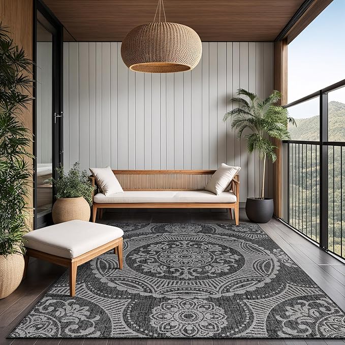 Medallion Outdoor Rug 6x9 Washable Outside Carpet for Indoor Patio Porch Waterproof Easy Cleaning Non Shedding Area Rugs Dark Gray 6 x 9