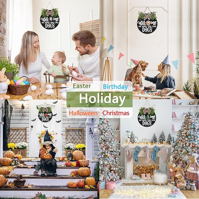 Interchangeable Wooden Seasonal Welcome Sign, Rustic Round Dogs Sign Front Door Wreaths for Home/Wall/Porch Decor, for Easter Spring Summer Fall Halloween Christmas All Season Decorations