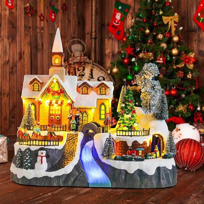 Christmas Village House Musical Christmas Collectible Buildings Church Train Snowman Children Skating with LED Lights Vacation Village with USB Indoor Figurines Indoor Tabletop Decoration