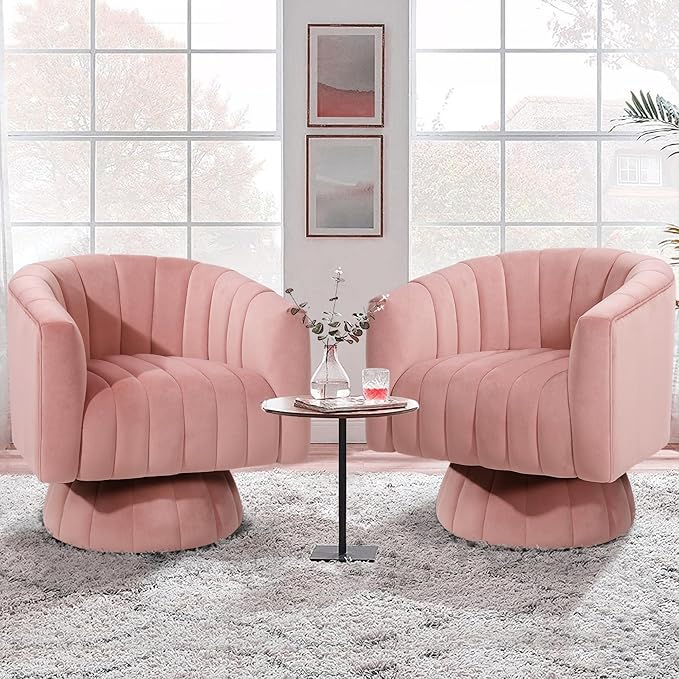 Kromax Swivel Accent Chair with Armrest, Set of 2, Mid Century 360 Degree Swivel Barrel Chair Overstuffed Tufted Velvet, Ideal for Living Room, Bedroom, Reading Room, Light Pink