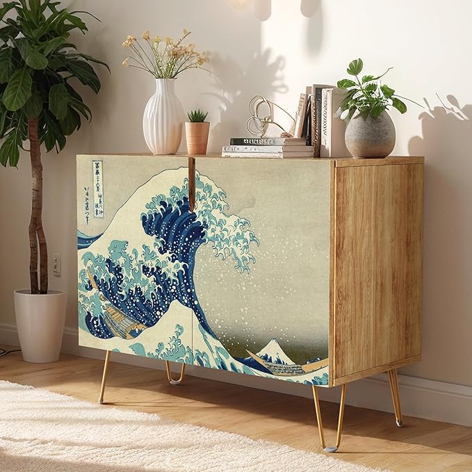 SIGNWIN Sideboard Buffet Cabinet, Kitchen Storage Cabinet with 2 Doors, Japanese Great Wave Off Kanagawa Vintage, Cupboard Console Table for Dining Room - 35" L x 18" W x 29" H