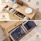 Modern Double Tilt-Out Trash Cabinet, 20 Gallon Fluted Laundry Hamper Cabinet with 2 Drawers, Wooden Hidden Garbage Can Cabinet with Storage Basket for Kitchen & Living Room, Natural Oak