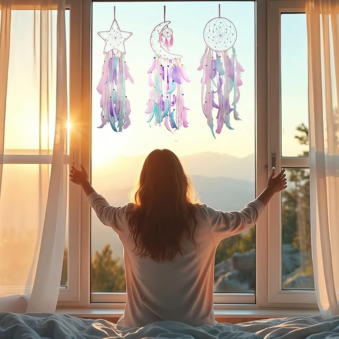 3 Pack Pink Star Moon Sun Dream Catcher - Pink Dream Catchers for Girls Room Decor, Teen Girl Room Decor, Grils Bedroom Decor,Gril Room Decor,Teen Room Decor for Girls