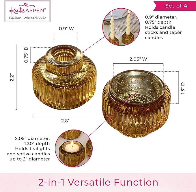 Kate Aspen Taper Candle Holders for Candlesticks, Ribbed Glass Gold Candle Holders Set of 4, Retro Candlestick Stand Decor, Votive Candle Holder Decor Accents for Holiday & Home Decoration Styling