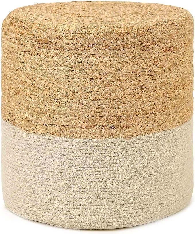 REDEARTH · Cylindrical Pouf Foot Stool Ottoman - Jute Braided Accent Sitting Footrest for The Living Room, Bedroom, Nursery, Patio, Lounge Set of 2 (14.5”x14.5”x16”; Natural Ivory)