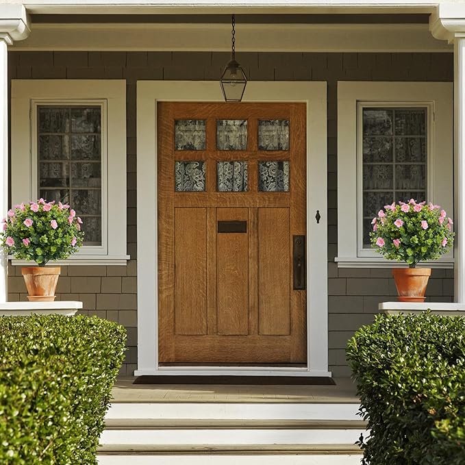 Set of 2 Artificial Pink Camellia Eucalyptus Tree Garden Stakes 20" Height, UV Resistant Faux Floral Bushes with Metal Spikes, Realistic Fake Plants for Porch, Patio, Yard, Garden Outdoor Decor