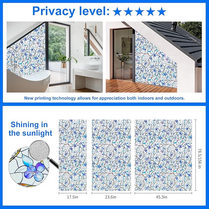 Window Privacy Film Stained Glass Decorative Static Clings Frosted Window Tint for Home Room Decor Bathroom Door Car Stickers with Glittering Effect, Removable(Blue Violet Botanical)