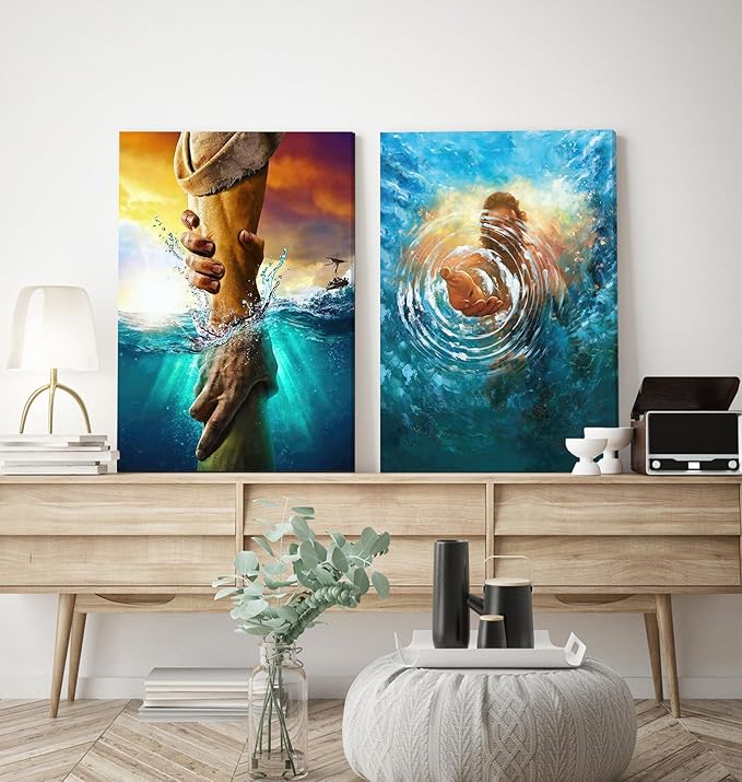 Framed Jesus Christ Canvas Wall Art The Hand of God Jesus Reaching Into Water Christian Painting Prints Biblical Wall Decor Religious Room Decor for Church Prayer Room Schools Hospitals 12" x 16"