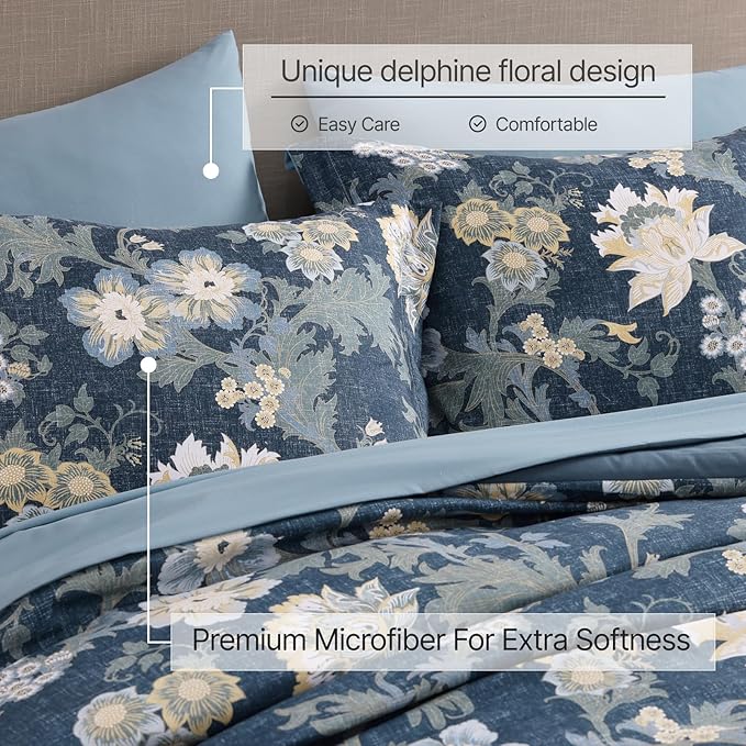 King Comforter Set -7 Pieces Floral Navy Blue Comforter Set for All Seasons, Bed in a Bag King with Botanical Flowers Comforter, Sheets, Pillowcases & Shams