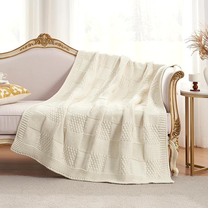 Amélie Home Chenille Knit Throw Blanket for Couch, Checkered Texture Decorative Soft Blanket for Sofa, Bed & Living Room, 50"x60", Ivory