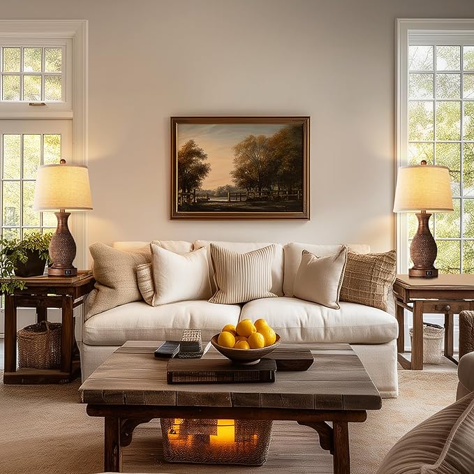 PARTPHONER Table Lamps Set of 2, Bedside Touch Lamp with USB C+A Charging Ports, Side Table Lamp with Linen Fabric Shade (LED Bulbs Included), Wood