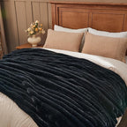 NEWCOSPLAY Faux Fur Throw Blanket Black 3D Ribbed Plush Thick Warm Blanket for Couch Sofa Bed 850GSM (Black Ribbed, Throw(50"x60"))