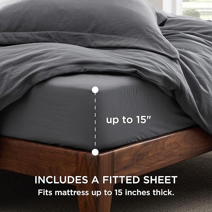 Bedsure Duvet Cover Queen Size with Fitted Sheet - 4 Pieces Prewashed Cotton-Like Extra Soft Bedding Set, Includes 1 Duvet Cover 90x90 Inches, 2 Pillow Shams, 1 Fitted Sheet, Dark Grey