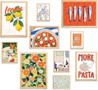 Kitchen Wall Decor Natural Oak Framed Wall Art, 10 pcs of Food Prints for Dining Room Wall Decor, Colorful Pasta and Fruit Wall Pictures for Decoration