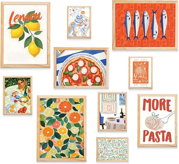 Kitchen Wall Decor Natural Oak Framed Wall Art, 10 pcs of Food Prints for Dining Room Wall Decor, Colorful Pasta and Fruit Wall Pictures for Decoration