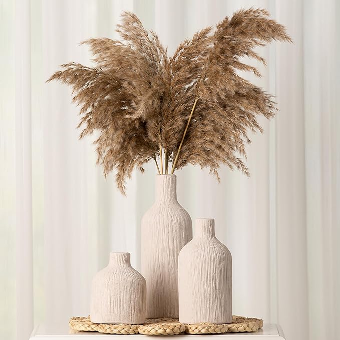 Ceramic Vase Home Table Decor - White Flower Vase Set of 3 Living Room Kitchen Decorations Farmhouse Modern Rustic Vases Decorative Centerpiece for Shelf Bedroom Office Bathroom Dining Coffee Desk