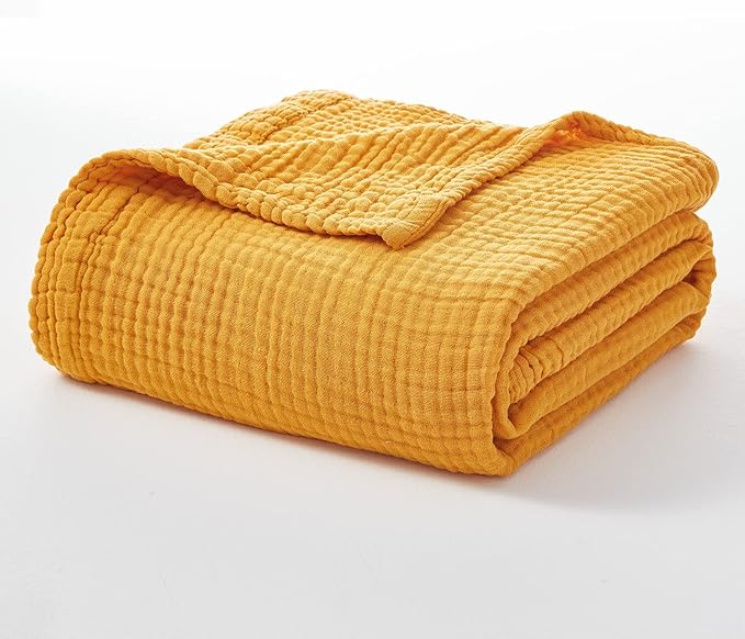EMME Cotton Blanket Queen Size for Bed Soft Large Muslin Bed Blankets 90"x90" Lightweight Breathable All Season Gauze Blanket, Mustard Yellow