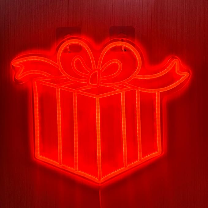 Christmas Neon Sign Cartoon Present Box Christmas Neon Light Sign Christmas LED Signs for Wall Light Up Signs for Home Party