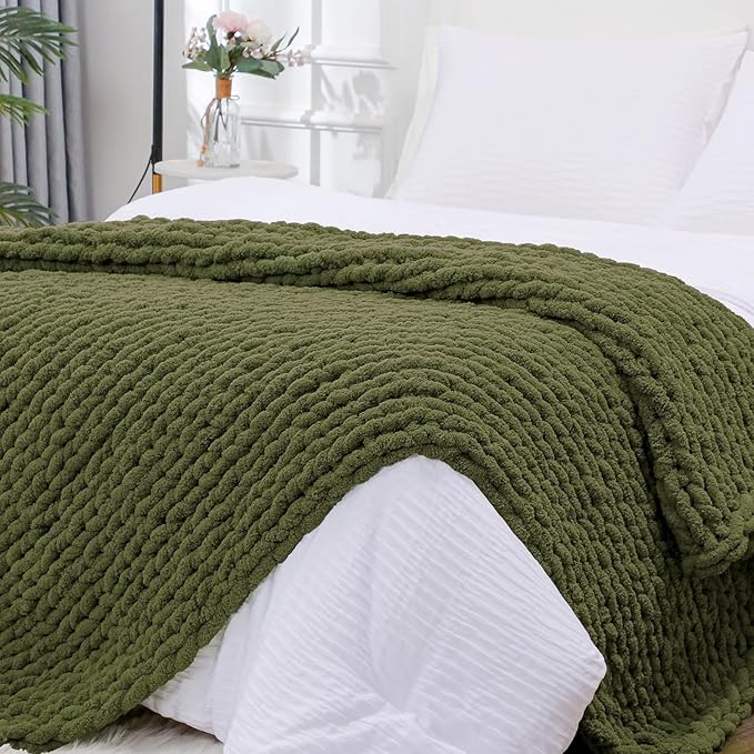 Bigacogo Chunky Knit Throw Blanket for Couch, 51x63 inches, 100% Hand Knitted with Thick Jumbo Chenille Yarn, Cozy Soft Large Rope Knot Cable Crochet Blankets for Sofa Bed Living Room, Yellow Green