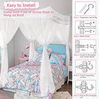 Twin Size Bed Canopy with Lights, Bed Canopy for Girls Princess with Luminous Stars, Canopy Bed Curtains for Twin Bed Kids Indoor Decor Bedroom, 4 Corner Post Bunk Bed for Student Dormitory, White