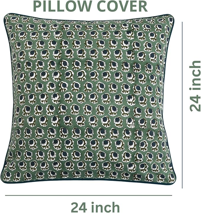Ridhi Basil Green Block Print Cotton Canvas Throw Pillow Covers for Decorative Couch Pillows for Living Room, Chic Boho Cute Outdoor Valentine Pillows Covers Gifts 24x24 Inches