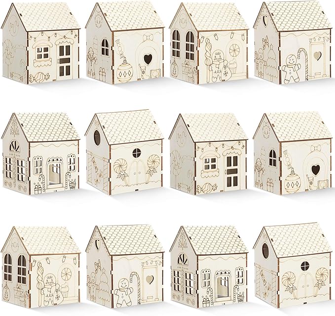 Hiboom 12 Pcs DIY Christmas Village Sets Wood Gingerbread Man Houses Christmas Mini Wooden House Gift for Winter Xmas Party Decorations
