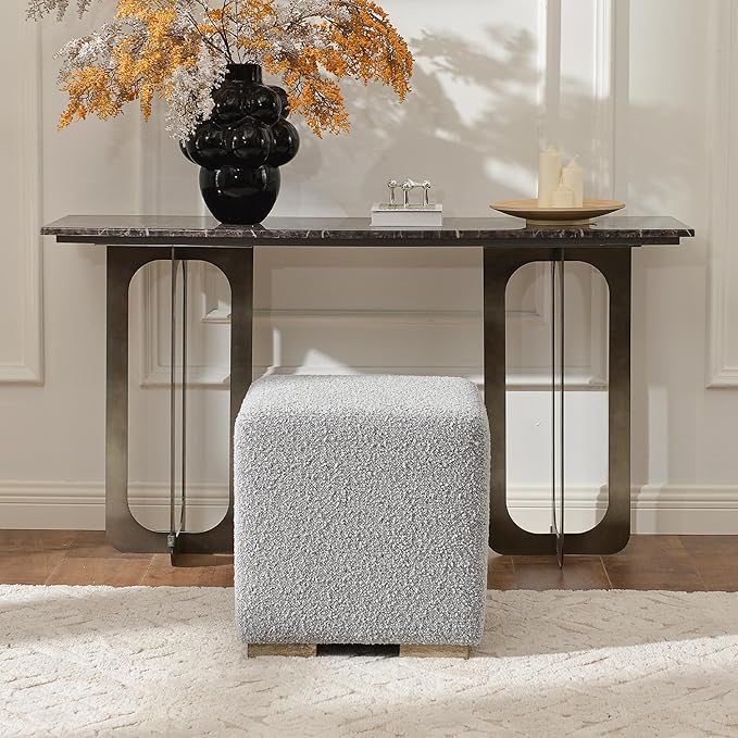 KINWELL 18.5" Wide Modern Square Boucle Upholstered Ottoman with Solid Wood Legs, Cube Ottoman Multi-Functional Sofa Footrest, Extra Seating for Living Room, Bedroom, Fully Assembled (Black and White)