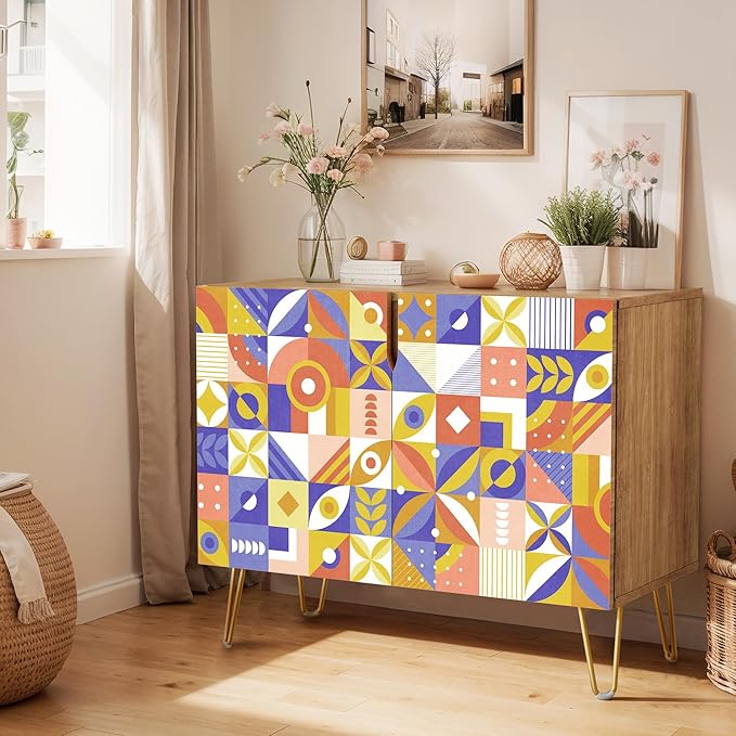 SIGNWIN Sideboard Buffet Cabinet, Kitchen Storage Cabinet with 2 Doors, Mid-Century Retro Vibrant, Cupboard Console Table for Dining Room - 35" L x 18" W x 29" H