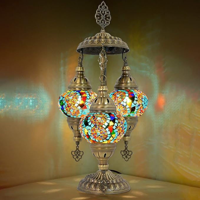 Mozaist Turkish Mosaic Lamp with Bulb – 3 Globe Tiffany-Style Moroccan Table Light (Multi-Colored)