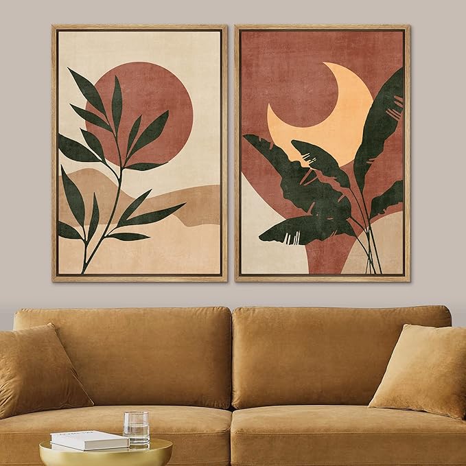 SIGNFORD Framed Canvas Print Wall Art Set Sun & Moon Mid-Century Desert Plants Abstract Shapes Illustration Modern Art Nordic Nature for Living Room, Bedroom, Office - 24"x36"x2 Natural
