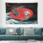 Houselerax Koi Fish Tapestries,Japanese Style Yin Yang Big Wave Cherry Blossoms Tapestry Wall Hanging for Bedroom Living Room Office Decor 90"x60"