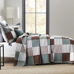PANGUSHAN 100% Cotton Quilt Set Queen Size, Patchwork Plaid Queen Quilt Bedding Set Bedspreads, Farmhouse Lightweight Comforter Reversible Quilt, Brown/Green Bed Spread for Queen Bed, 3 Pieces