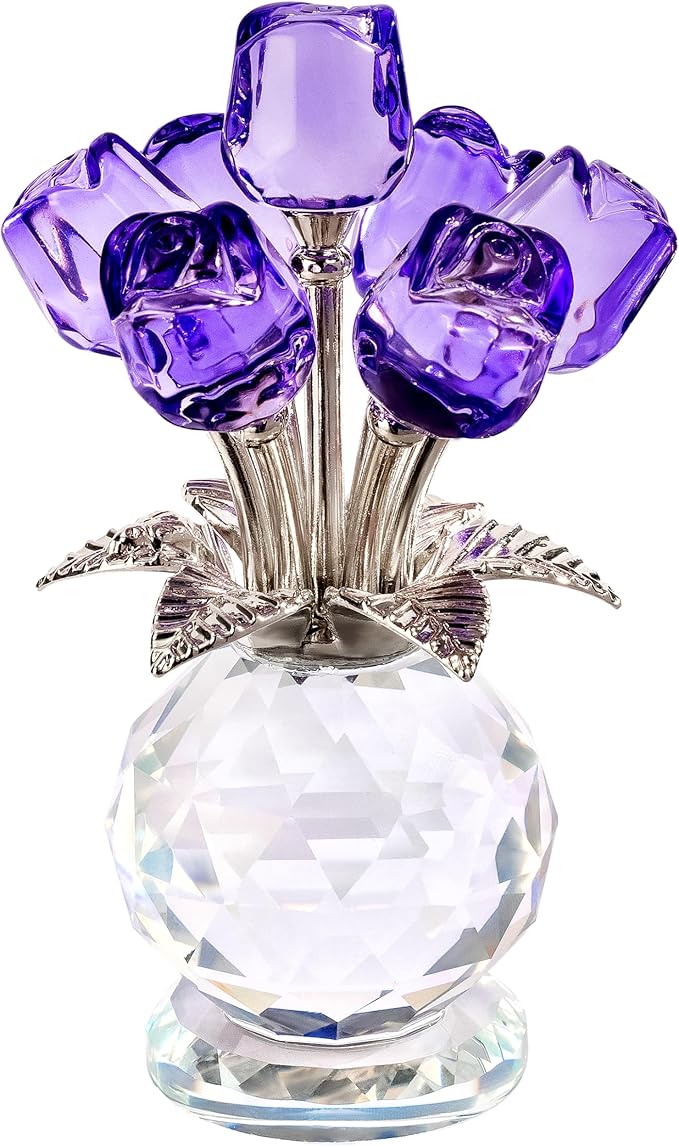 Crystal Purple Rose Figurines Crystal Rose Flowers Gifts for Women Glass Flower Ornament for Christmas