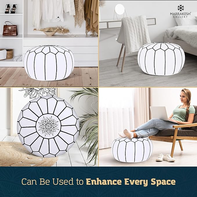 Marrakesh Gallery Genuine Leather Round Pouf Unstuffed - Moroccan Ottoman Footstool, Footrest Cover - Boho Decor - Bohemian Living Room, Bedroom, Kids Room, Gift & Wedding