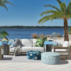 LVTXIII Inflatable Stool Ottoman Footrest with Handle, All Weather Foot Rest, Indoor or Outdoor Use for Home Patio Garden and Camping, D21 x H9, Swaying Palms Blue