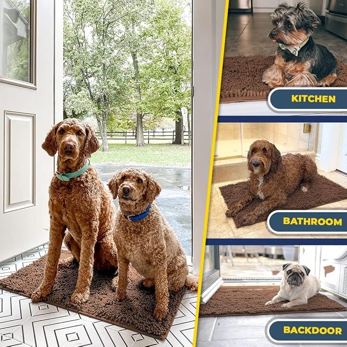 Muddy Mat® 4-Piece Brown Medium 30"X19" AS-SEEN-ON-TV Highly Absorbent Microfiber Door Mat, Bath Mat and Pet Rug, Non Slip Thick Washable Soft Chenille for Kitchen Bathroom Bedroom Indoor and Outdoor
