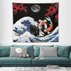 Houselerax Japanese Koi Fish Tapestry, Yin Yang Big Wave Red Cherry Blossom Tapestries Wall Hanging for Bedroom Living Room Office Decor 60"x50"
