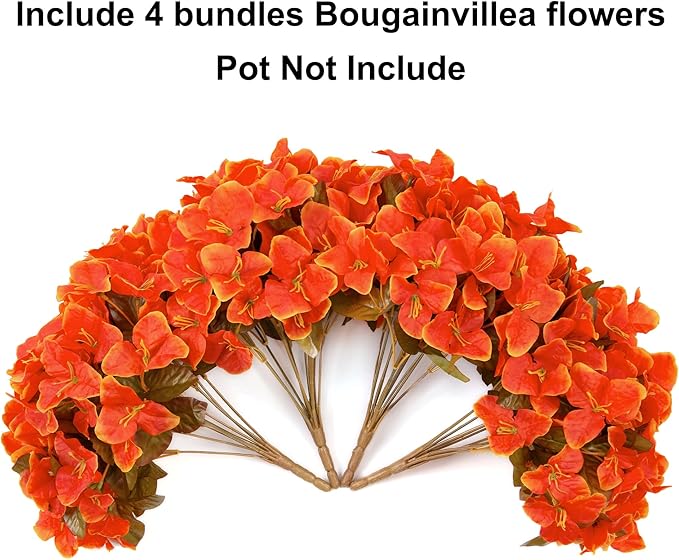 Ivydale Artificial Fall Flowers for Outdoors, 4 Bundles Faux Silk Bougainvillea Flower Plants Fake Outdoor Flowers for Planter Patio Porch Window Garden Home Decoration, Fall Orange
