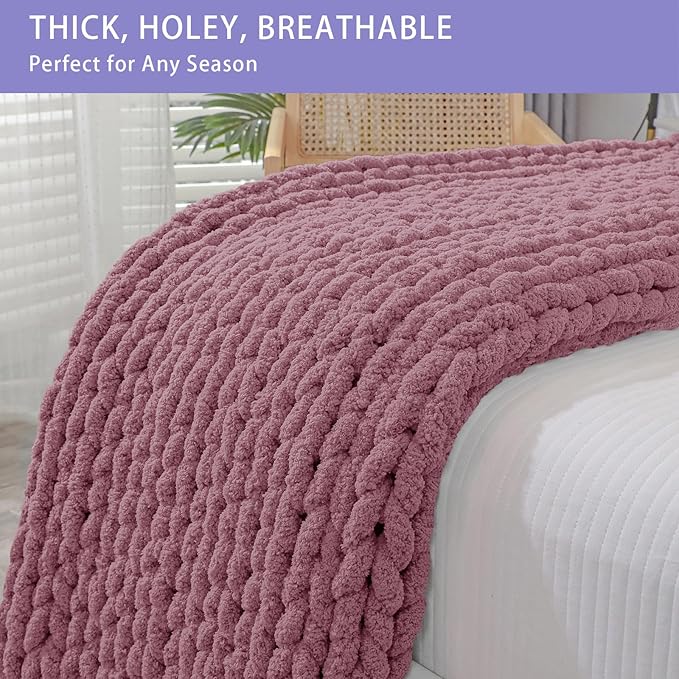 Bigacogo Chunky Knit Throw Blanket for Couch, 51x63 inches, 100% Hand Knitted with Thick Jumbo Chenille Yarn, Cozy Soft Large Rope Knot Cable Crochet Blankets for Sofa Bed Living Room, Burnt Rose